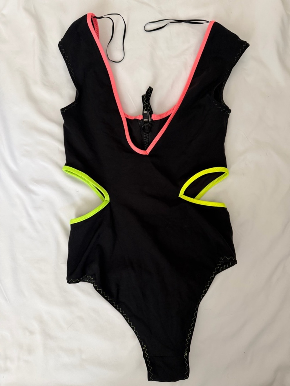 ZARA Black Cutout One Piece Swimsuit Zip Front Neon Trim High Cut NWOT Sz S